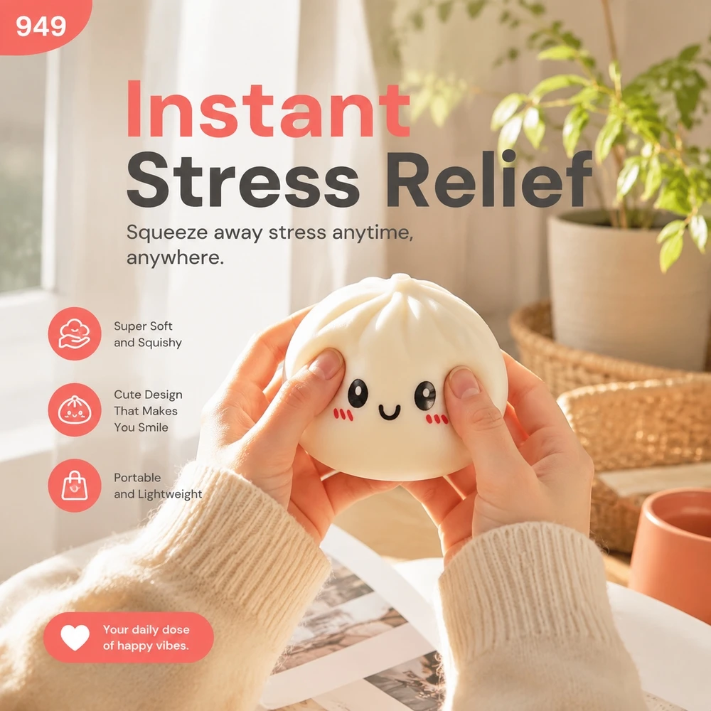 

White TPR Emoji Bun Squeeze Object – Soft Slow-Rebound Moldable Stress Relief Item in Bamboo Steamer Box, 10x10x8cm, 150g