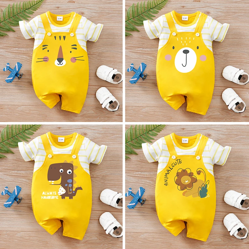 Baby Cartoon Jumpsuit Fake Two Yellow Summer Clothes For Boys And Girls Short Sleeved Children's Outdoor Wear