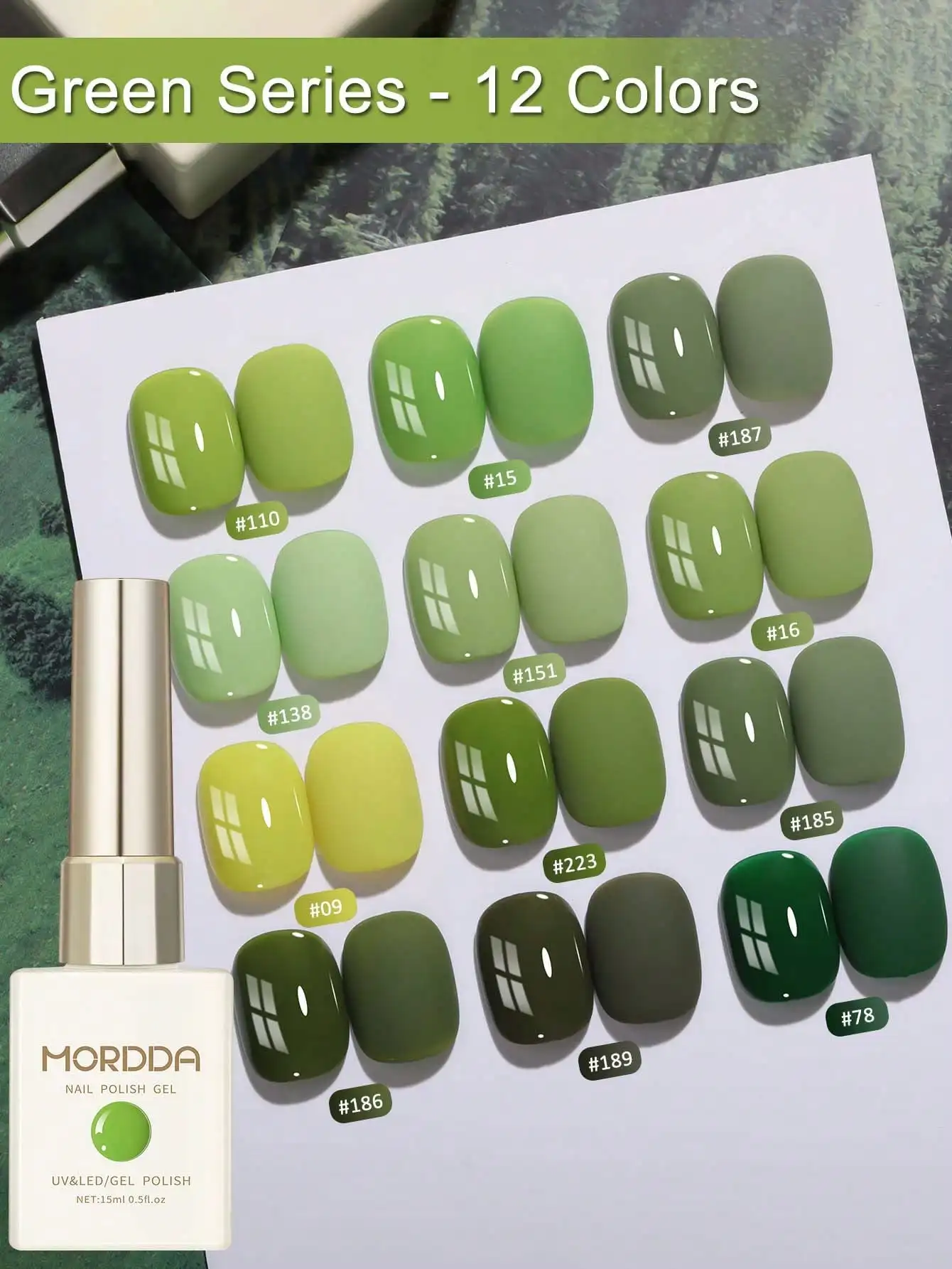 

12PCS 15ml Green Color Gel Nail Polish Set, High Gloss Shine, Long-Lasting UV LED Soak Off Gel