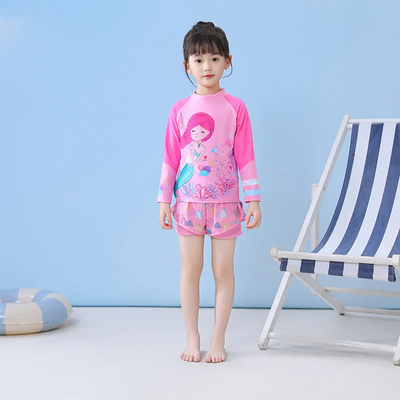 Girls Rash Guard Swimsuit Two Pieces Long Sleeve Unicorn Mermaid Bathing Suit Pants Skirt Children's Beach Sport Swimwear