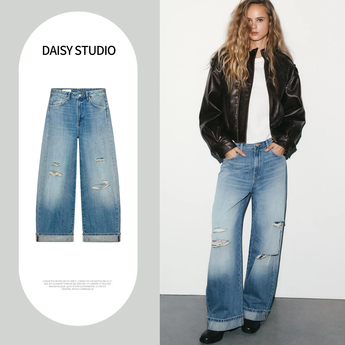 

Новые женские джинсы свободного кроя с высокой талией, на молнии, с рваными элементами и декоративными манжетами, удлиненная версия, повседневные, из полиэфирного волокна