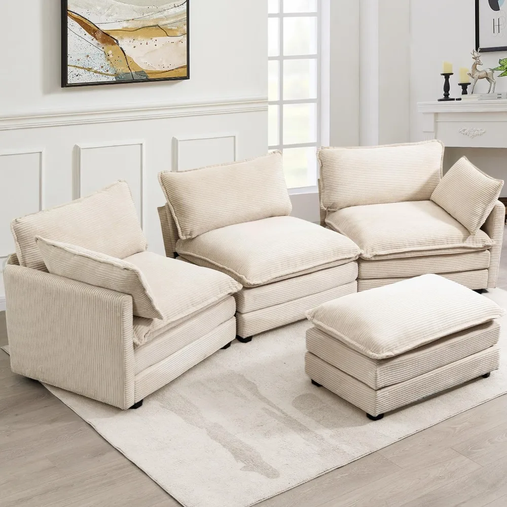 

112" Oversized Modular 4-Seat Sectional | Corduroy Sofa with Movable Ottoman | Convertible L-Shaped Modern Set
