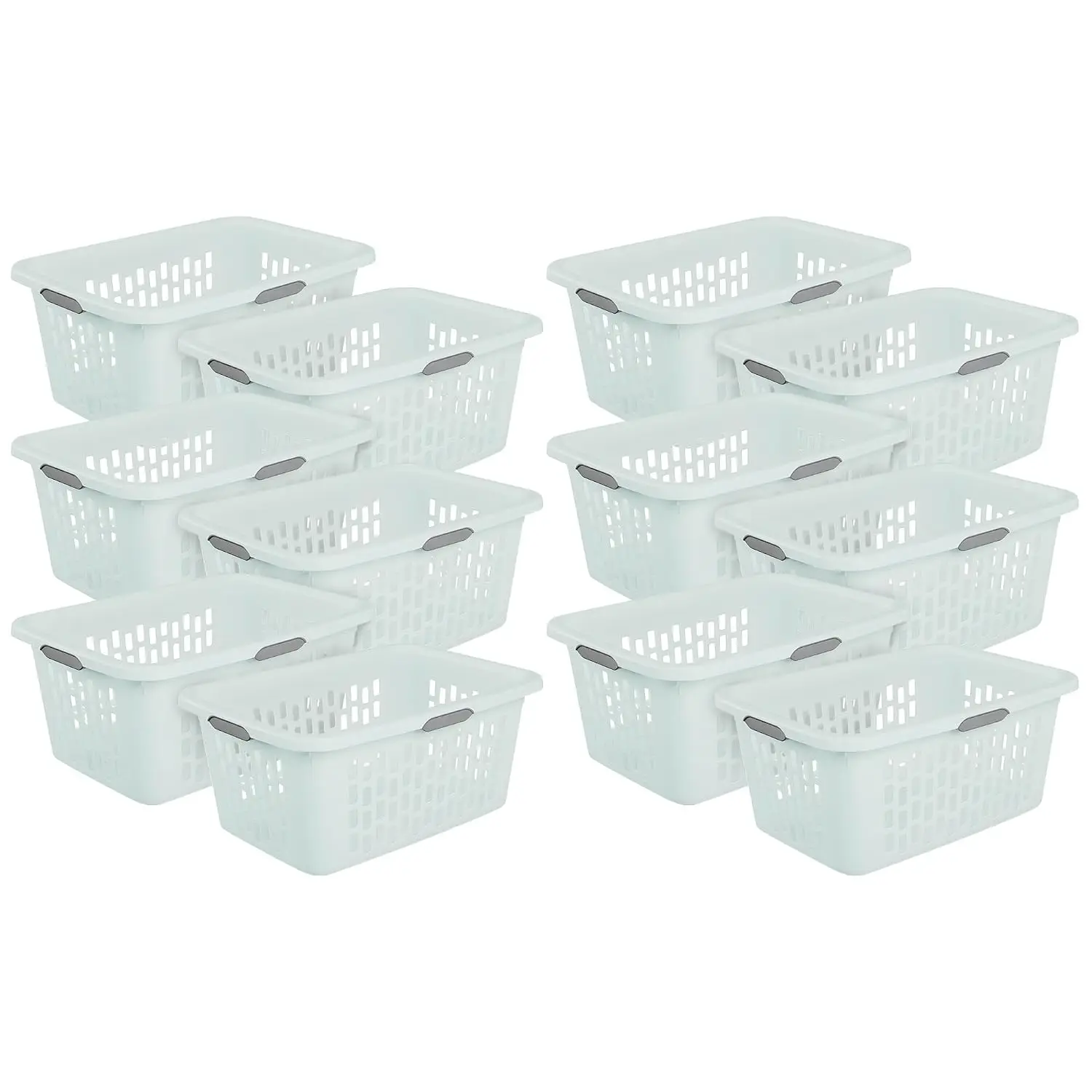 12 Pack Mint Plastic Laundry Baskets, 2 Bushel Rectangular Clothes Hampers, Ventilated Open-Top Storage Bins with 4 Handles