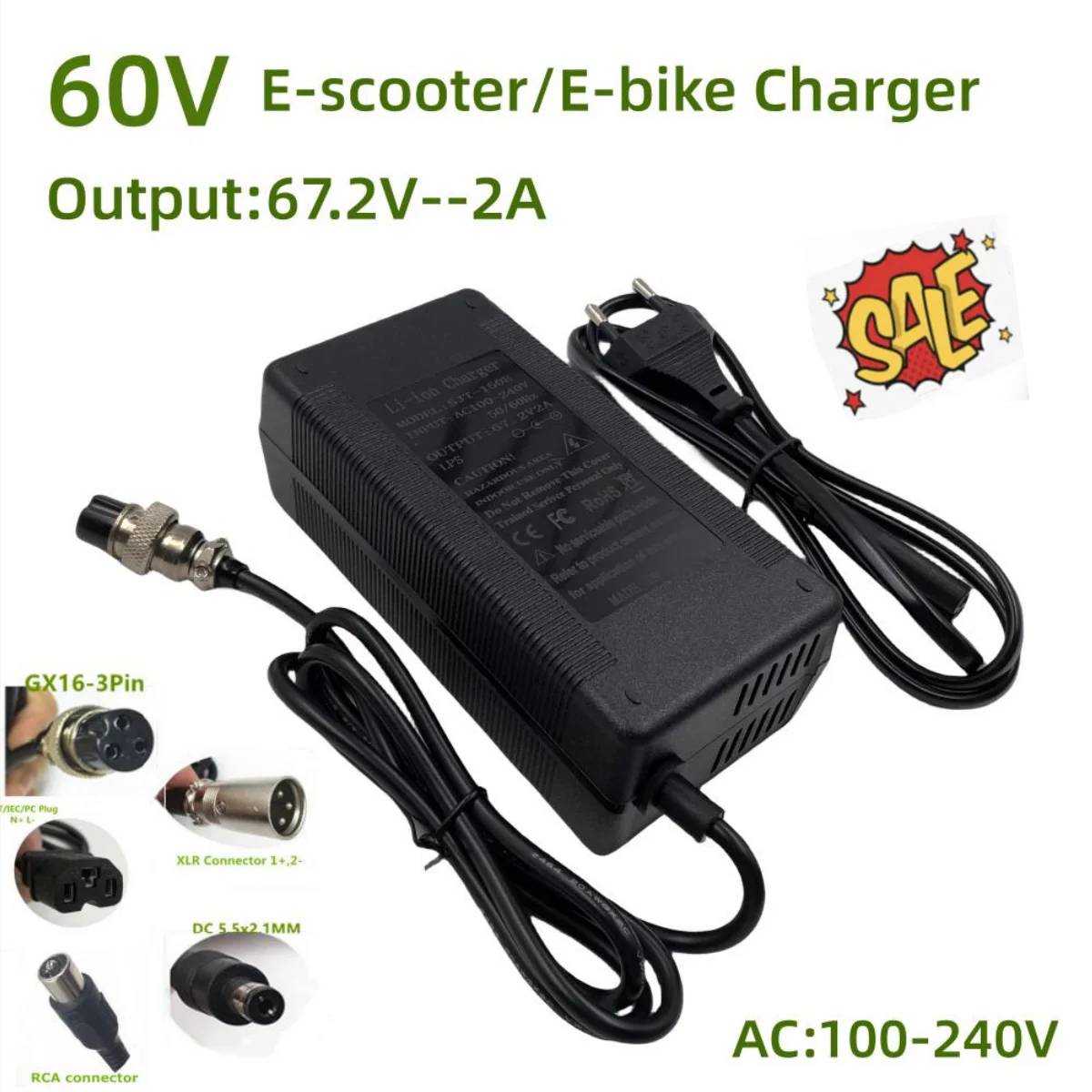 Output 67.2V2A Charger for 60V NIU NQi GTS /Vmoto Super Soco TC/Horwin EK3/Zero SR/Evoke Urban Classic RS/Lightning LS-218/