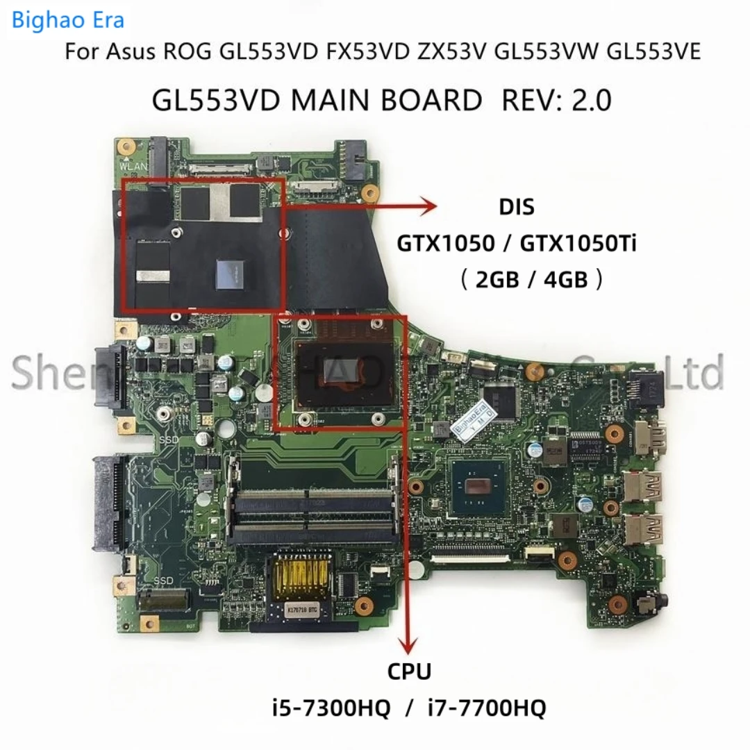 

For Asus ROG GL553VE FX53VD ZX53V FX553V GL553VD Laptop Motherboard With i5-7300HQ i7-7700HQ CPU GTX1050 GTX1050Ti 2GB/4GB-GPU