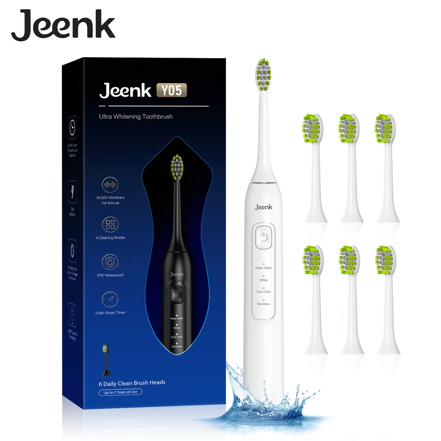 

Jeenk Sonic Whitening Electric Toothbrush Waterproof 4 Modes Smart Timer Type-C Rechargeable Ultra Powerful with 6 Heads JK-Y05