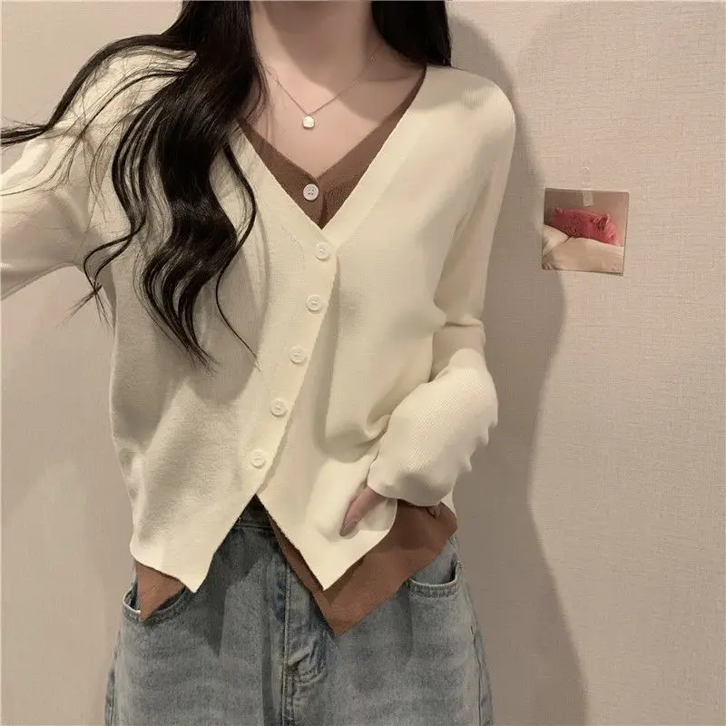 Fake Two Pieces Patchwork Cardigan Spring Autumn Casual V-Neck Single-breasted Female Clothing Chic Solid Color Knitted Sweaters