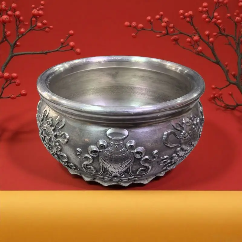 Alloy Bronze Auspicious Eight Treasures Jar Embossed Treasure Basin Ornament Miscellaneous Items
