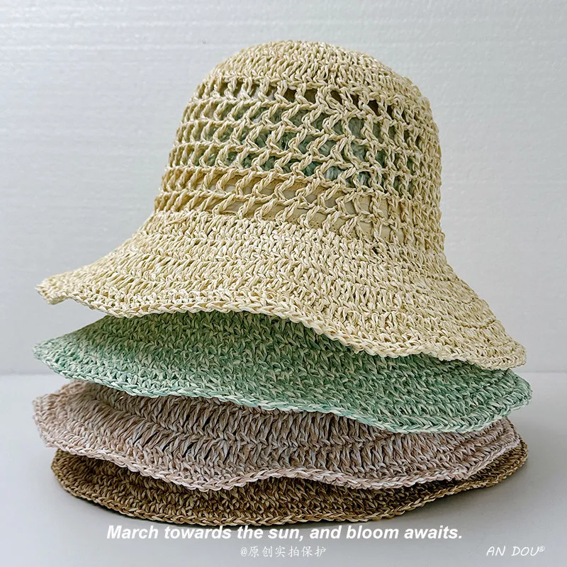 Women Summer Beach Vacation Straw Hat Large Brim Hollow Out Sun Bucket Hat Fresh Blue Mixed Color Breathable Straw Visor Cap