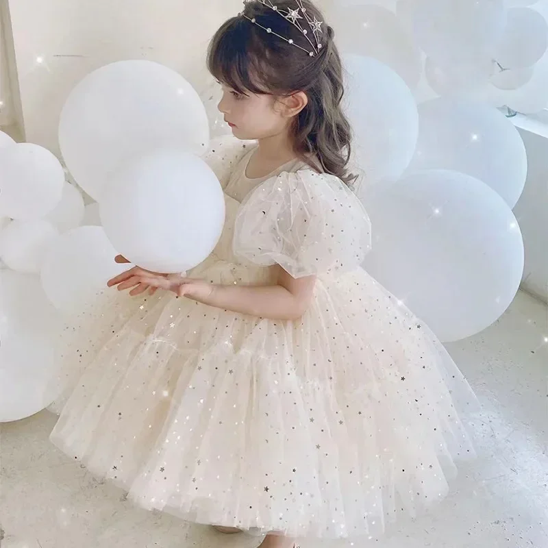 Toddler Girls Summer Dress for Kids Princess Birthday Party Gown Sequin Puff Sleeve Mesh Tutu Wedding Baptism Dresses 1-5 Yrs