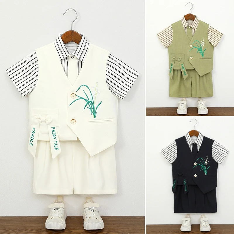 Kids Waistcoat Suit Embroidery Short Sleeve Shirt Bow Ribbon Shorts for Summer Daily Photo Shoot Wedding Birthday Formal Costume