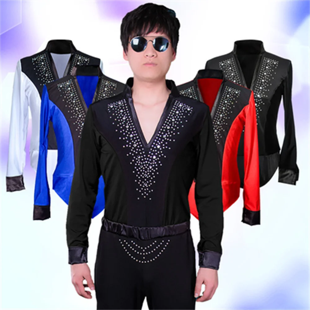 Top de baile latino con cuello en V para hombre, camisa de baile de salón, ropa de baile de competición profesional roja