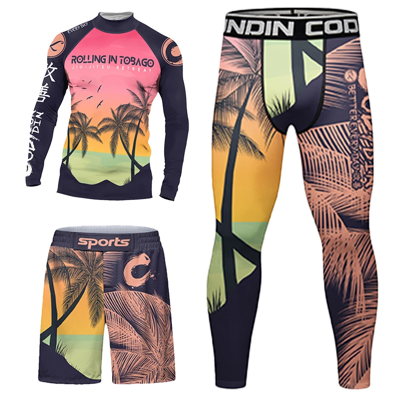 عطلة شجرة جوز الهند Rashguard الرجال الملاكمة MMA تي شيرت + بانت + MMA السراويل 4/قطعة مجموعات S مجموعات ملابس المصارعة كيك بوكسينغ رياضية