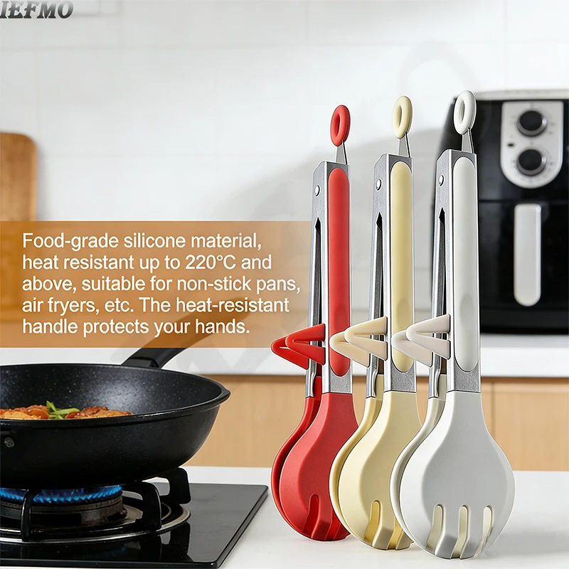 25cm Silicone Food Tongs with Stand Self-Locking Clip Heat Resistant Non-Stick Round Bread Clip for Grilling Kitchen Utensils