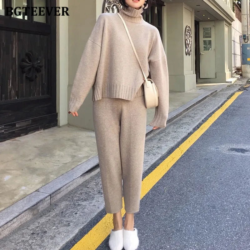 

BGTEEVER Stylish Women 2 Pieces Knitted Set Turtleneck Pullovers Female Harem Pants Autumn Winter Ladies Sweater Outfits