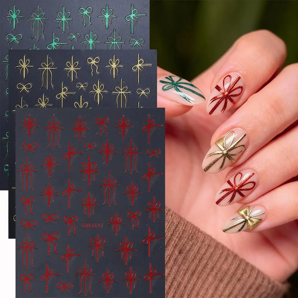 2/3枚入り 赤緑金リボンネイルアートステッカー フレンチボウノット セルフ接着ネイルデカール 新年ギフト ボウマニキュアデコレーション