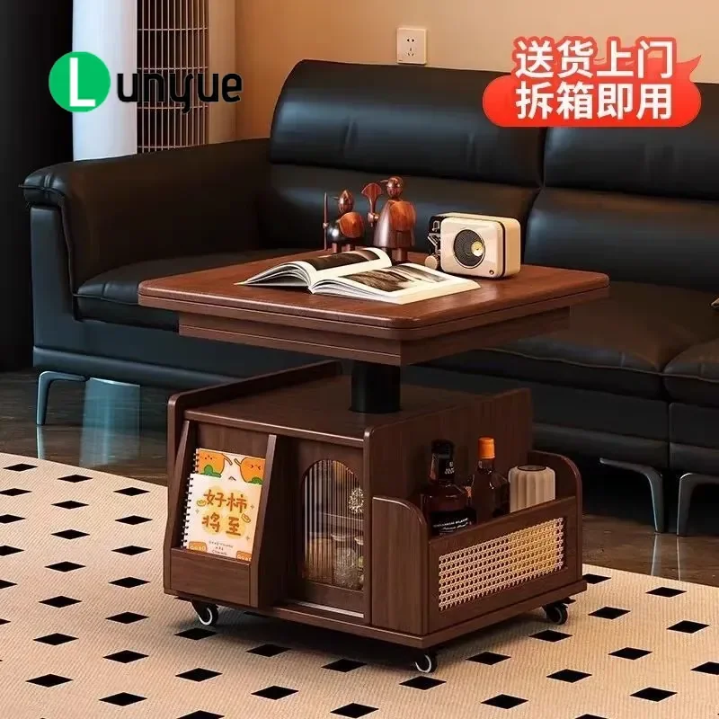 Multifunctional Solid Wood Lifting Coffee Table Folding Dining Tea Table Mobile Cart for Living Room Sofa Corner Dual Purpose