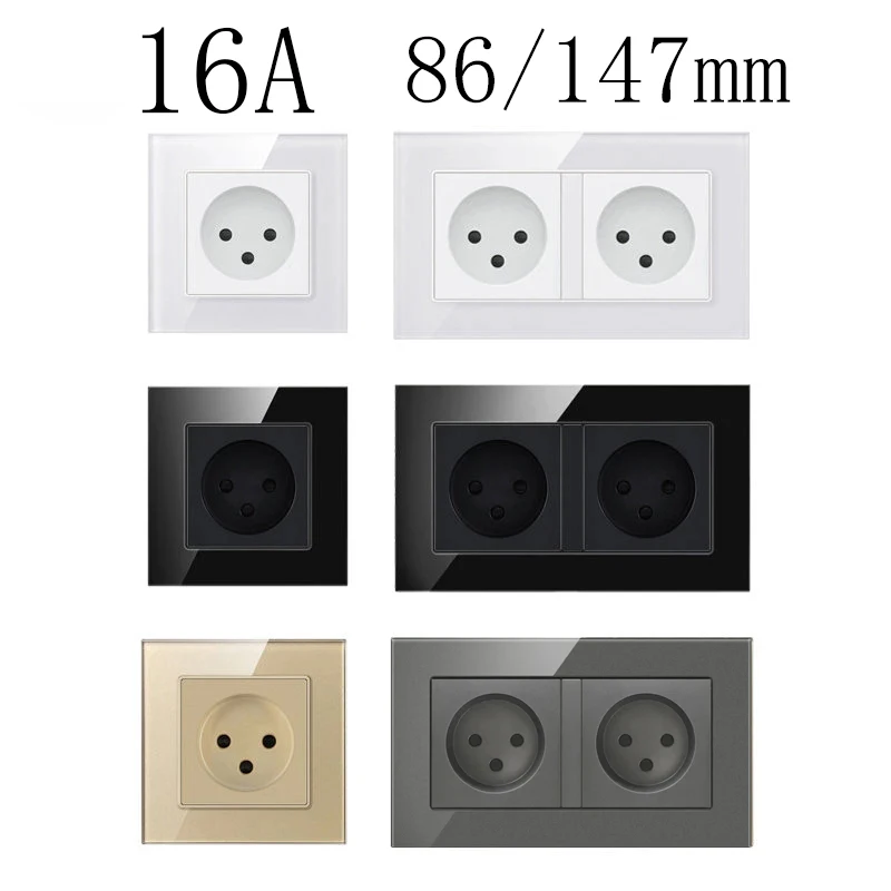 16A Israel Wall Power Socket 1 2 Outlets 2000W 86 146mm Israelites Plug Crystal Glass Panel Black White Electrical Outlet Home