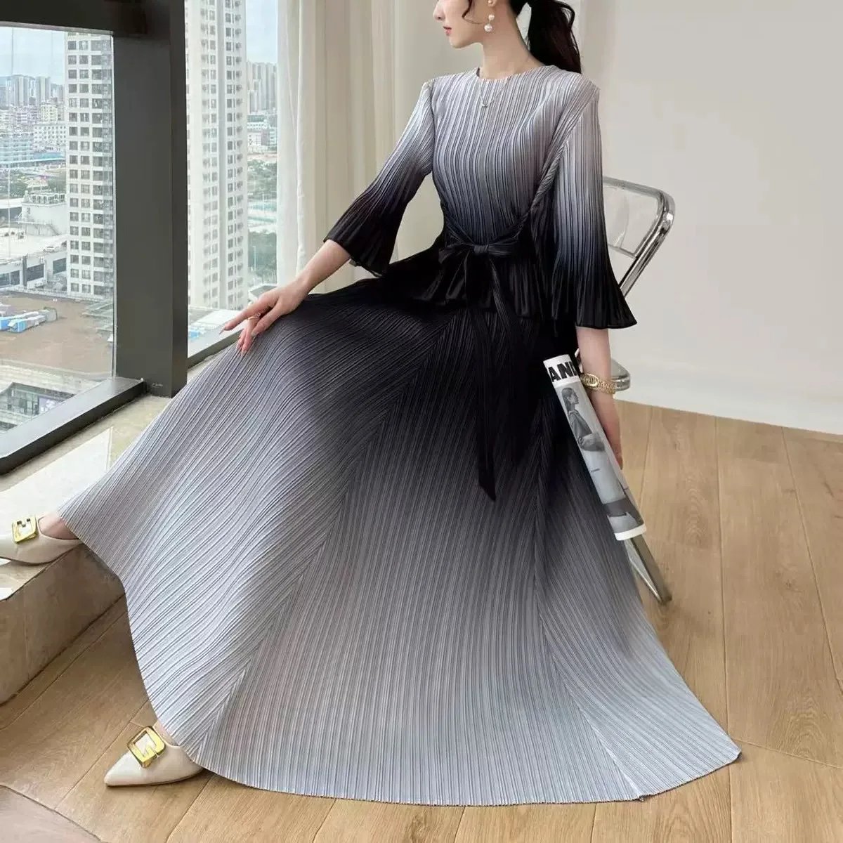 Miyake Pieghe 2025 Abito di fascia alta da donna primaverile Nuova moda T-shirt a cambiamento graduale Gonna a pieghe Set da due pezzi