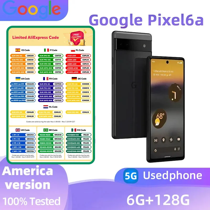 Google Pixel6a 5G SmartPhone CPU Google Tensor Battery capacity 4410mAh 12MP Cameraoriginal used phone