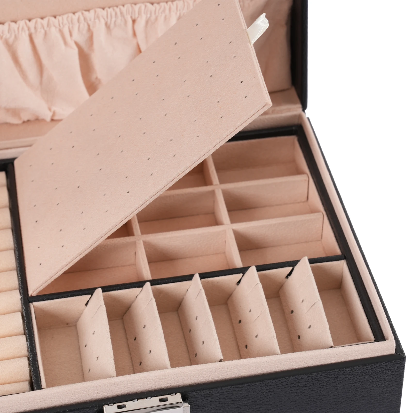2-lagige abschließbare Schmuckaufbewahrungsbox mit herausnehmbaren Trennwänden, Schreibtisch-Organizer für Ringe, Ohrringe, Armbänder, Halsketten, Broschen, für den täglichen Schmuckaufbewahrungszweck auf dem Schminktisch zu Hause. – Detail 25