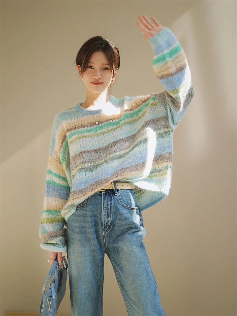 LMQ NEW Lazy Wind Loose Kawaii Rainbow Striped Knitted Pullover Sweater Tops Streetwear Jumpers Contrast Color Women Knitwear