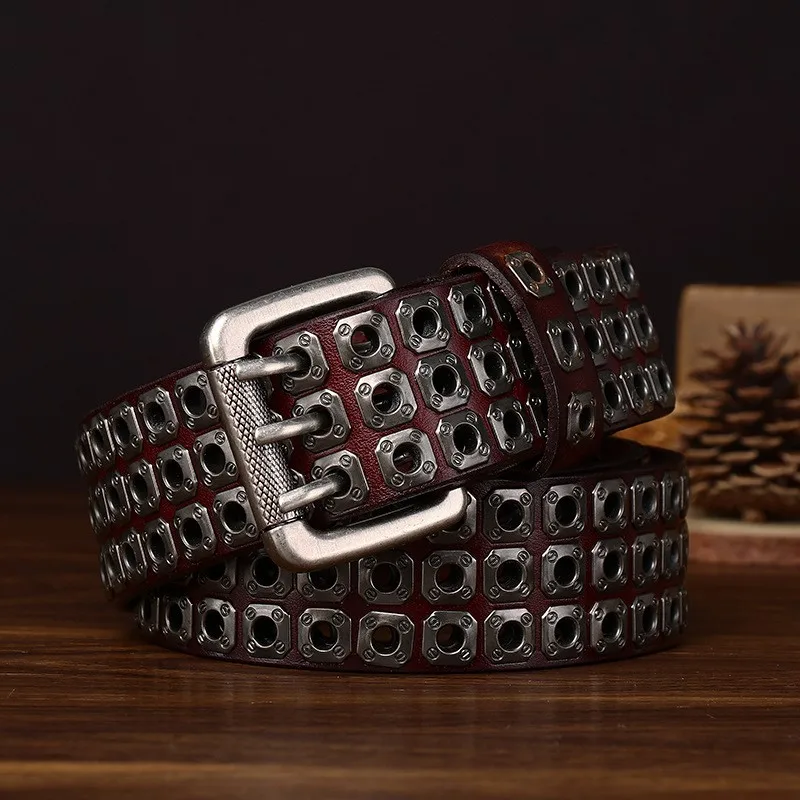 Three-needle riveted belt men's leather top layer motorcycle style work
