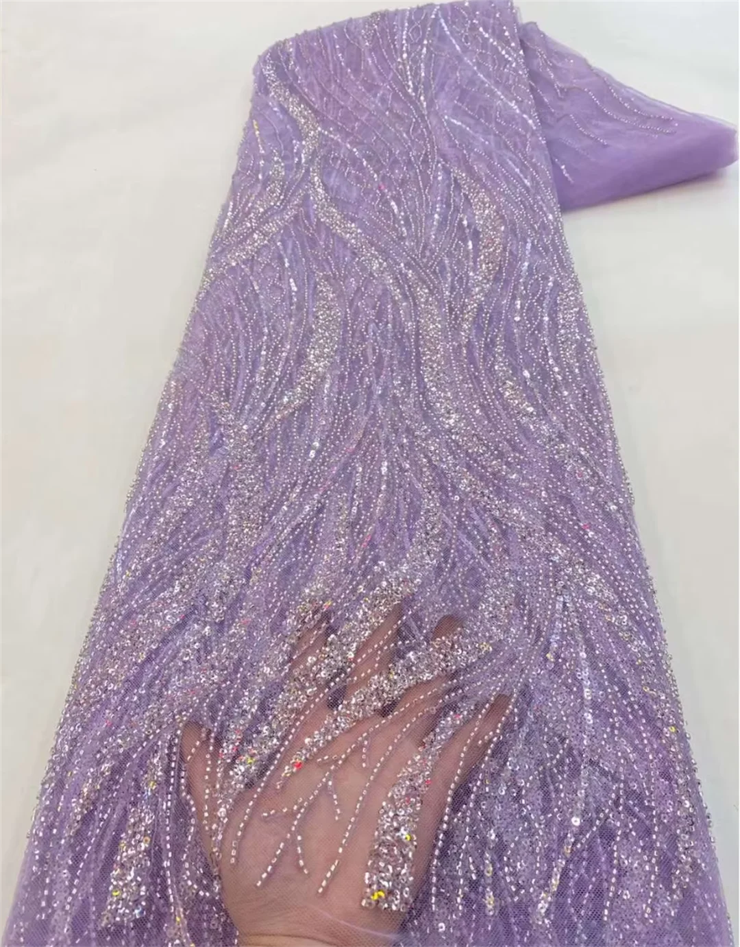 

Wholesale African Beaded Lace Fabric French Bridal Sequins Lace Fabric 2025 Luxury Nigerian Tulle Lace Fabric Couture Materiel