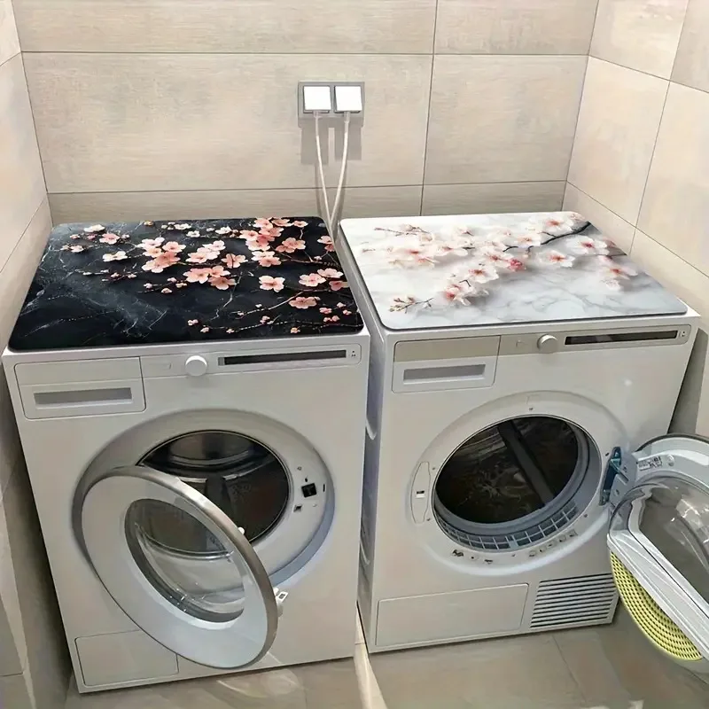 VIKAMA Black And White Marble Cherry Blossom Washing Machine Dust Cover Dryer Fireplace Easy-To-Clean Kitchen Decoration
