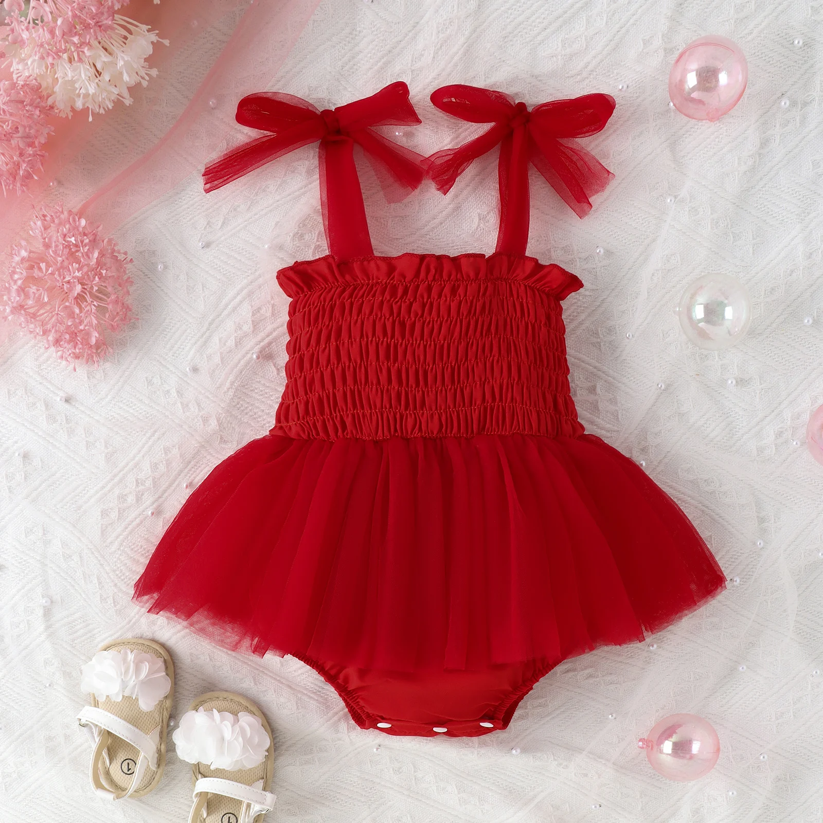 Newborn Baby Girl Clothing Solid Color Tulle Romper Pleated Bow Romper Baby Girl Clothing Summer Clothing