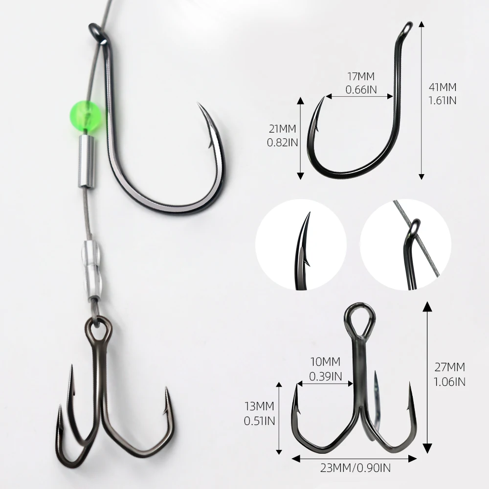 ZYZ 1PC Fishing Stinger Rigs Single J Hook with Treble Hooks 49 Strands Steel Line Live/Dead Bait Rigs Ideal For Catfish Snapper