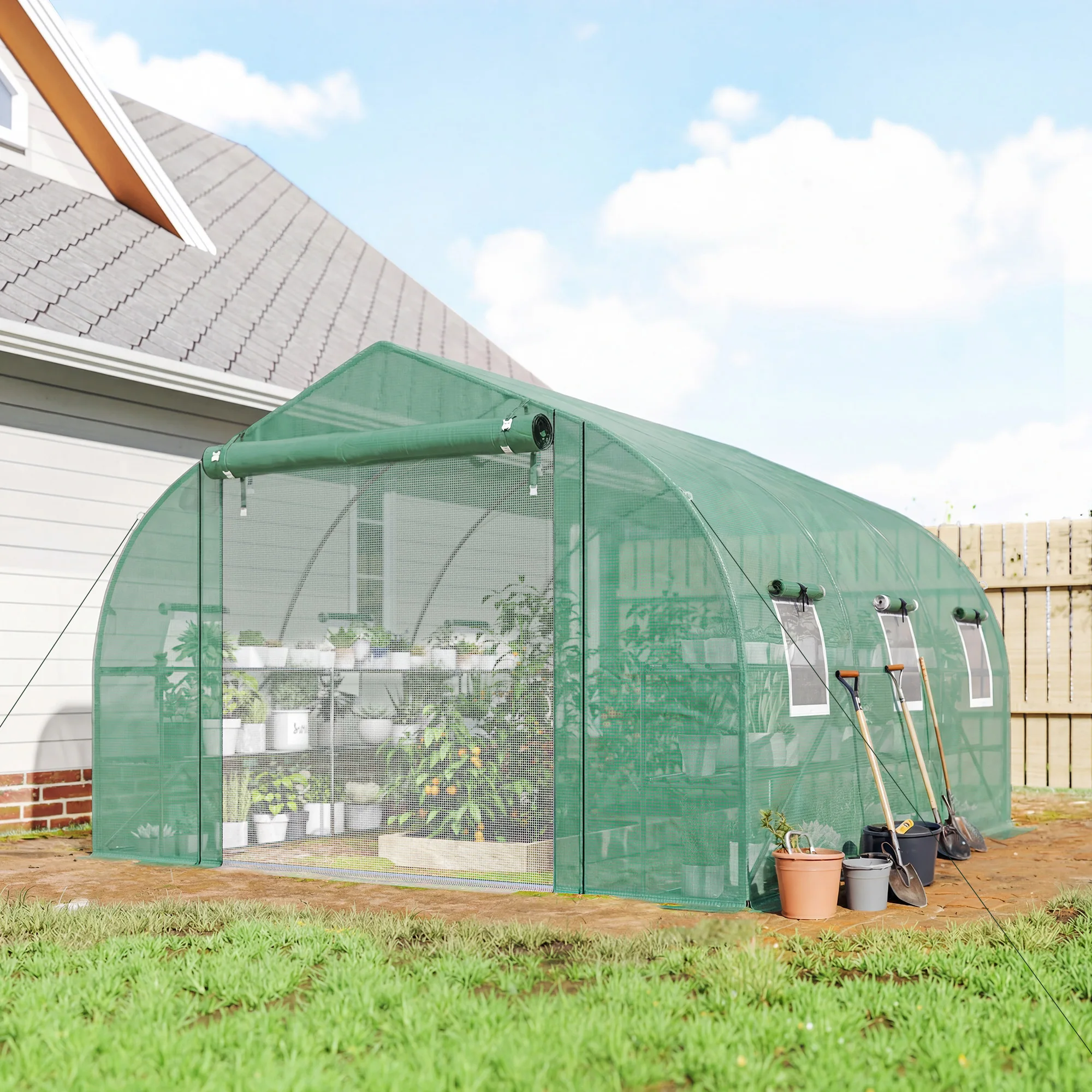 Walk-in Tunnel Greenhouse with Shelves, Plant Hot House, Green