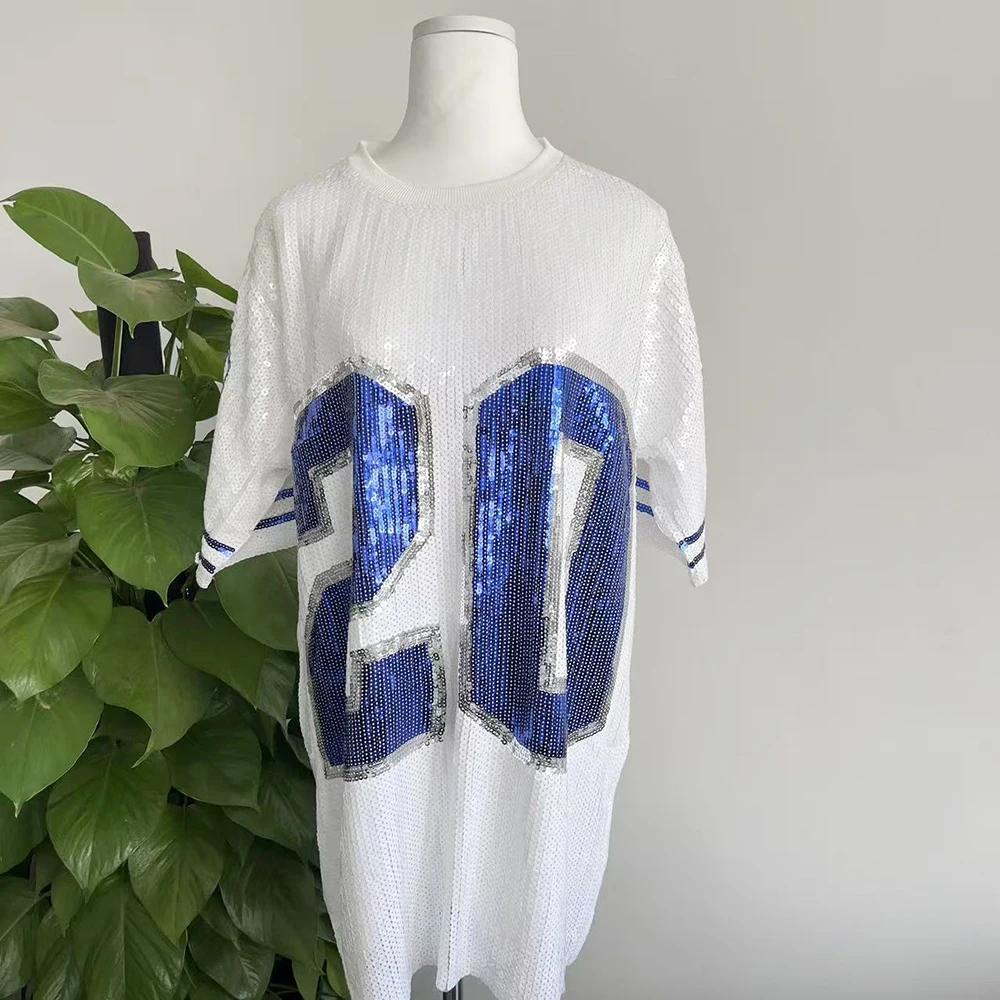 Sequin Glitter number 20 White  ZPB Clothes Half sleeve O Neck Sorority Long T Shirt