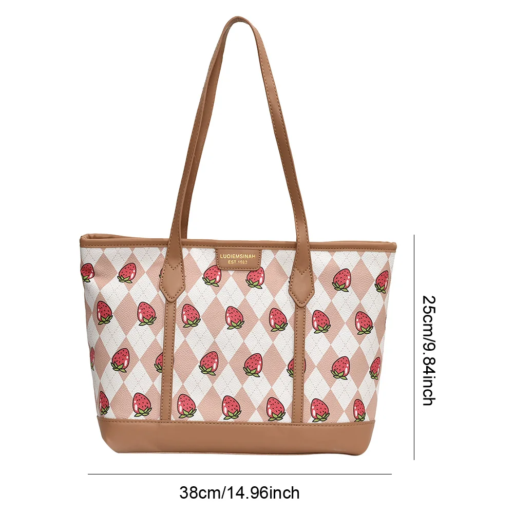 Bolsa de ombro feminina com zíper em couro PU, bolsa estampada morango, bolsa com alça superior, bolsa hobo de grande capacidade