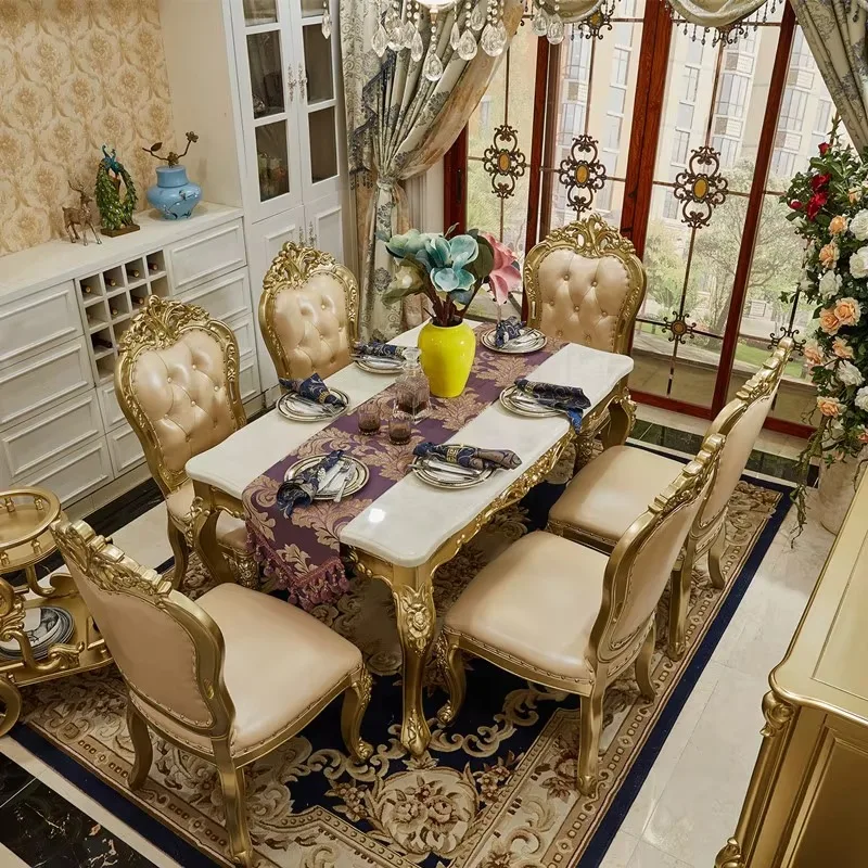 Traditional European Royal Villa Kitchen Hotel Furniture Golden Marble 6 Seaters Dining Table