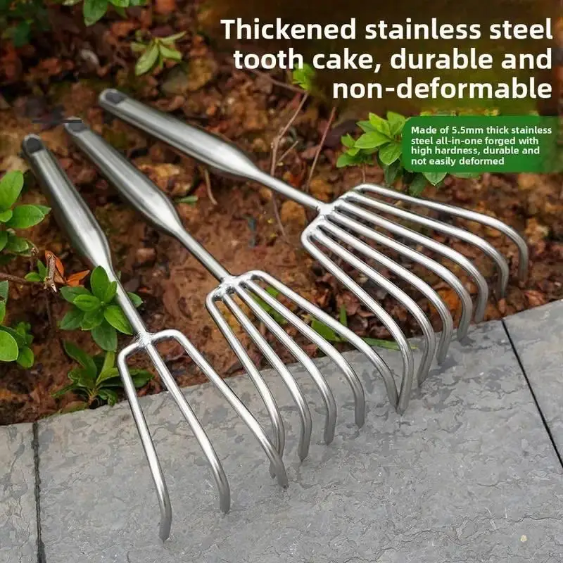 Stainless Steel Small Rake With Integrated Steel Handle Multi-claw Soil Rake For Garden Soil Loosening & Raking Tool