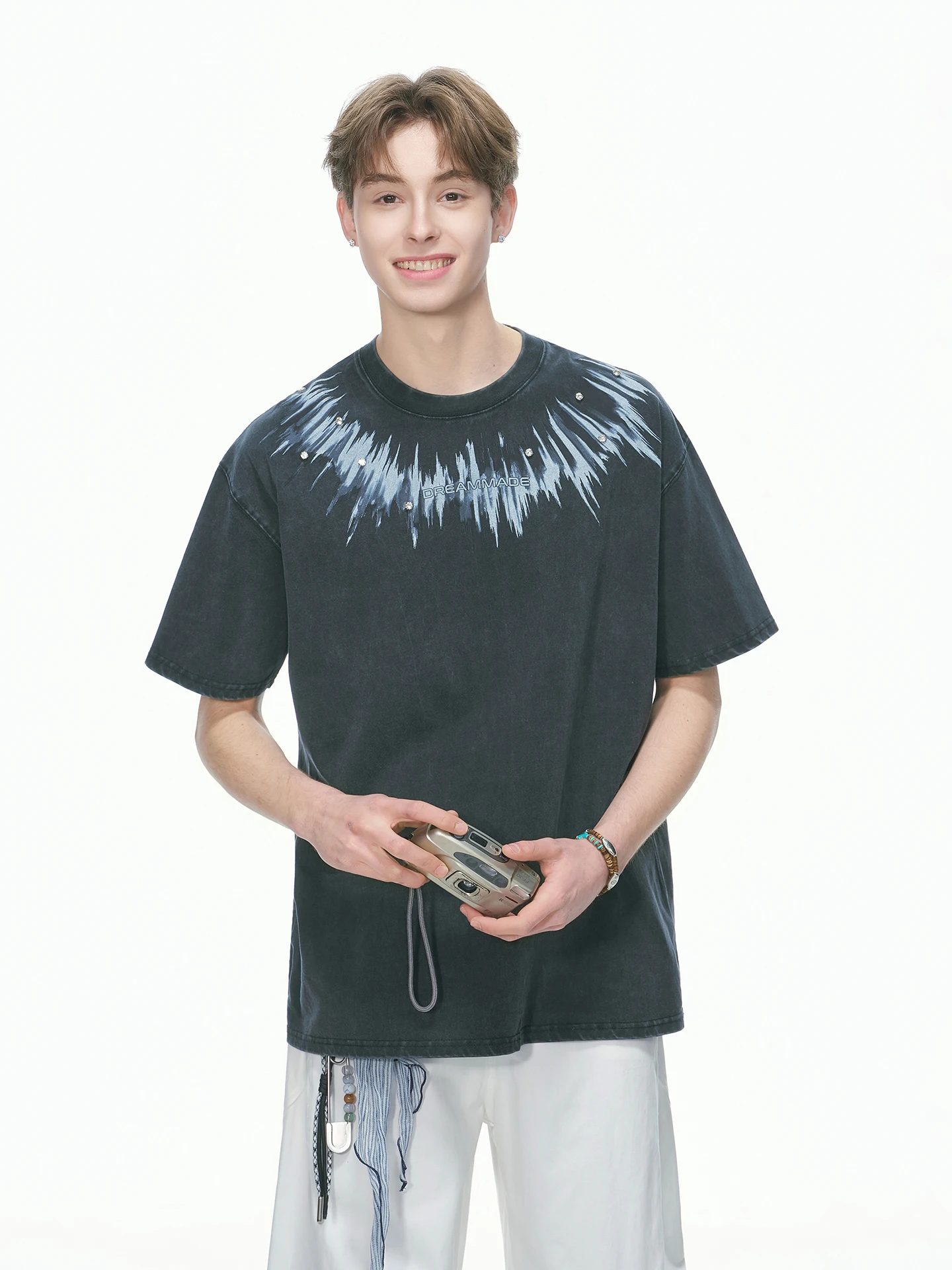 Retro Heavyweight Pure Cotton American Rhinestone Washed Short Sleeve T-Shirt Men's Summer Dream Made Half Sleeve Top