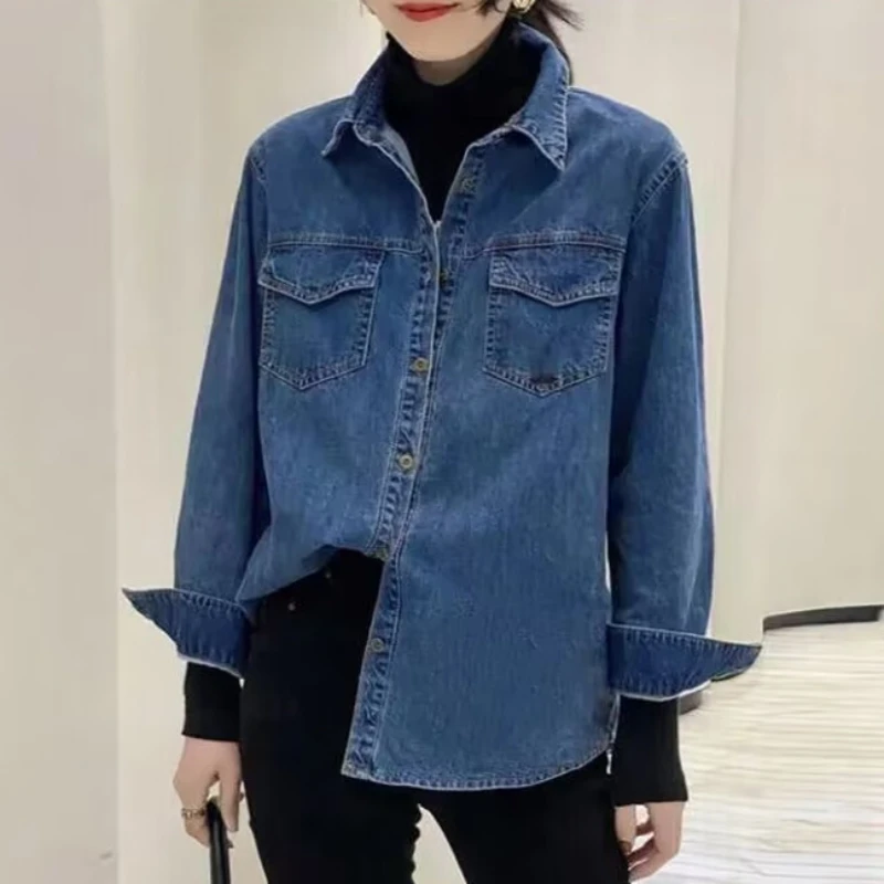 Retro Blue Shirt Denim Shirt for Women Autumn 2024 New Design Shirts Long Sleeved Solid Single Breasted Jeans Jacket for Women