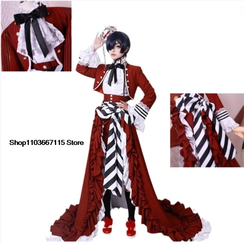 

Ciel Black Tea Cup Cosplay Costume Butler Victorian-style Gown Red Gothic Lolita Long Dress Set Wig Halloween Party Costume