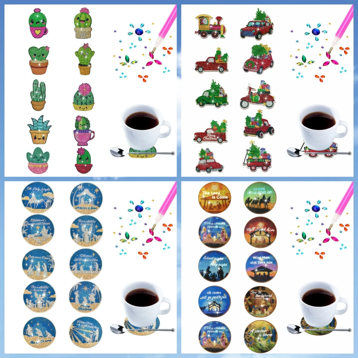 

10 DIY кактус, пейзаж, автомобиль, набор алмазной живописи, деревянные противоскользящие подставки, идеально подходят для начинающих и взрослых в подарок