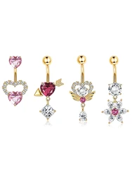 KUNIU 4pcs Fashiony2k Heart Shape Cupid Archery Zircon Long Pendant Belly Button Ring Women Body Piercing Belly Ring Set