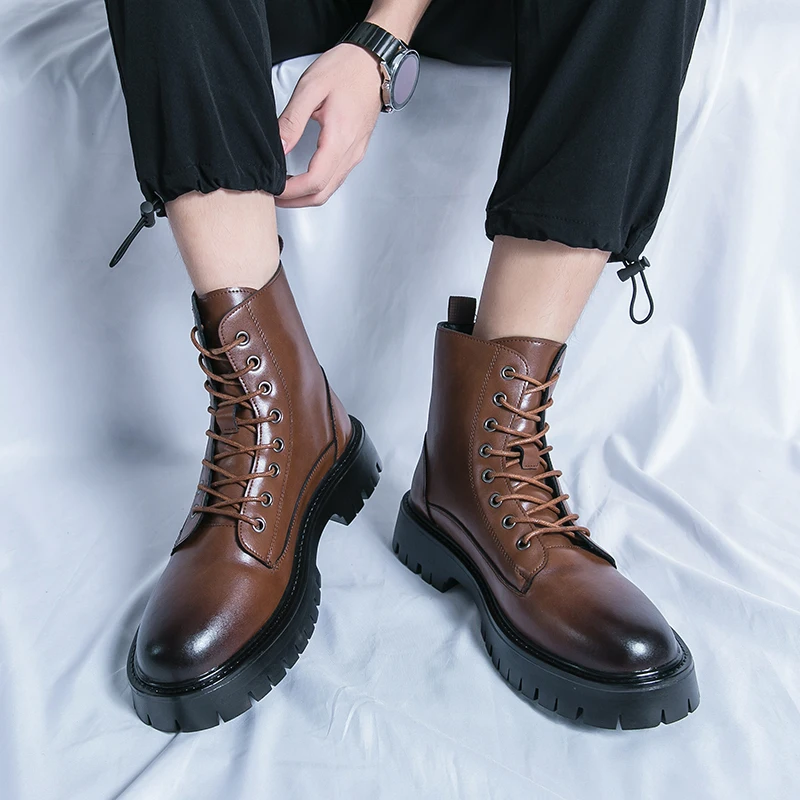 Men High Top Boots PU Thick Soled High Top Round Toe Professional Classic Men Boots