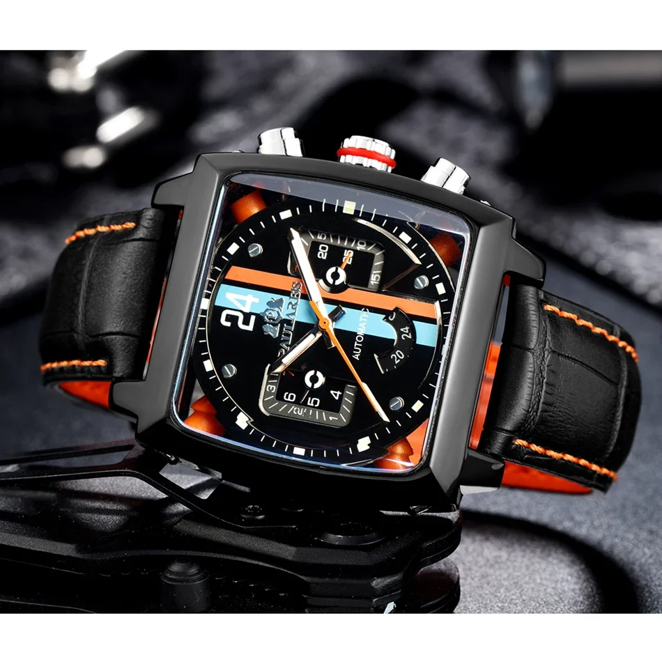 Automatic Watches for Men Mechanical Genuine Leather Stainless Steel Black Orange Blue Casual 40mm Perspective See Through Watch