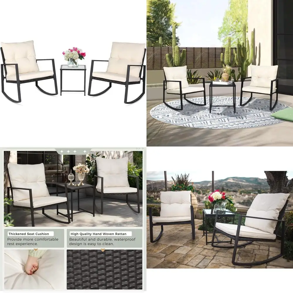 

3-Piece Outdoor Bistro Set with Rocking Chairs and Glass Top Table, Beige Wicker