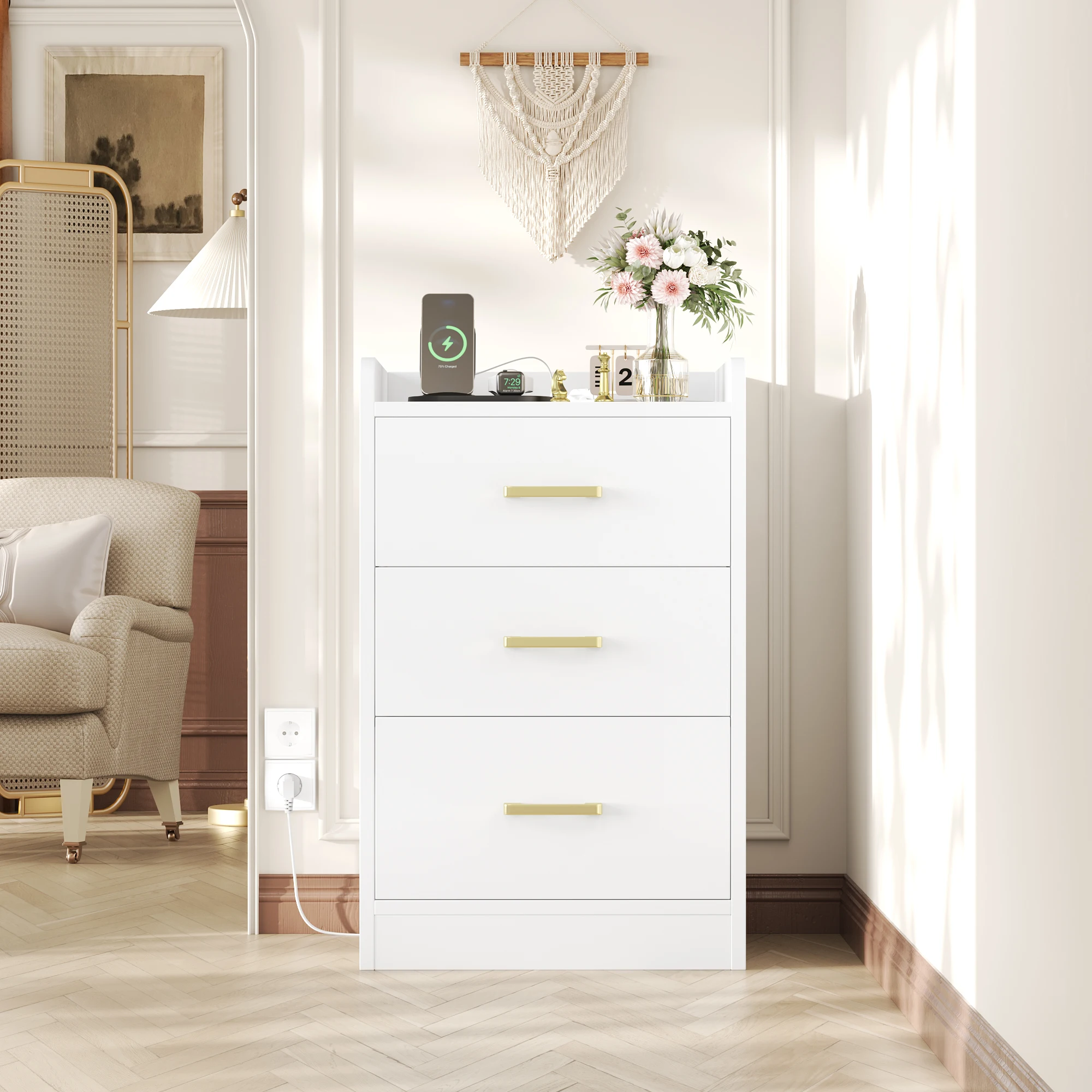 طاولة بجانب السرير من Getone مع قاعدة شحن، طاولة جانبية مع 3 أدراج، منضدة، 2 منفذ تيار متردد، 2 USB أبيض/أسود #1