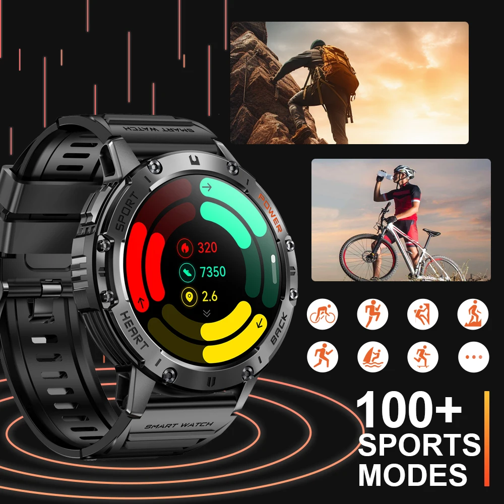 LIGE 1.43 Inch AMOLED Screen Bluetooth Call Flashlight 530mAh Outdoor Men Smart Watch Sports Health Monitor For Android IOS K65