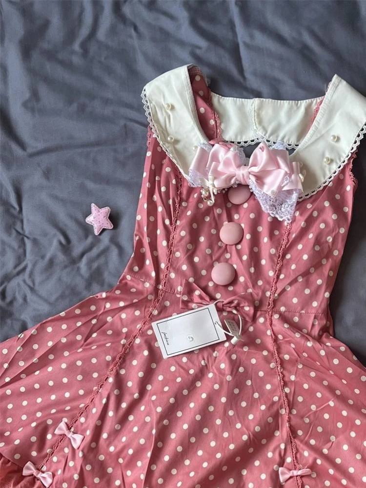 فستان نسائي صيفي ياباني أنيق كاواي لوليتا Y2k تصميم فستان قصير منقط بفيونكة نسائية على الطراز الكوري ملابس عصرية