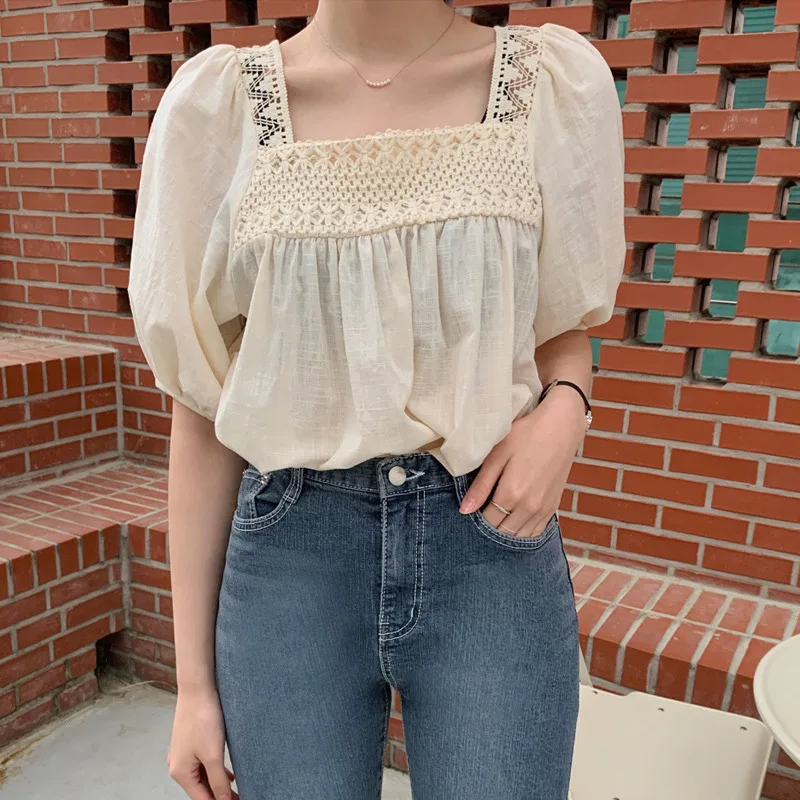 Vintage Puff Sleeve Women Blouses Fashion Summer Square Neck Half Sleeve Lace Loose Casual Tops