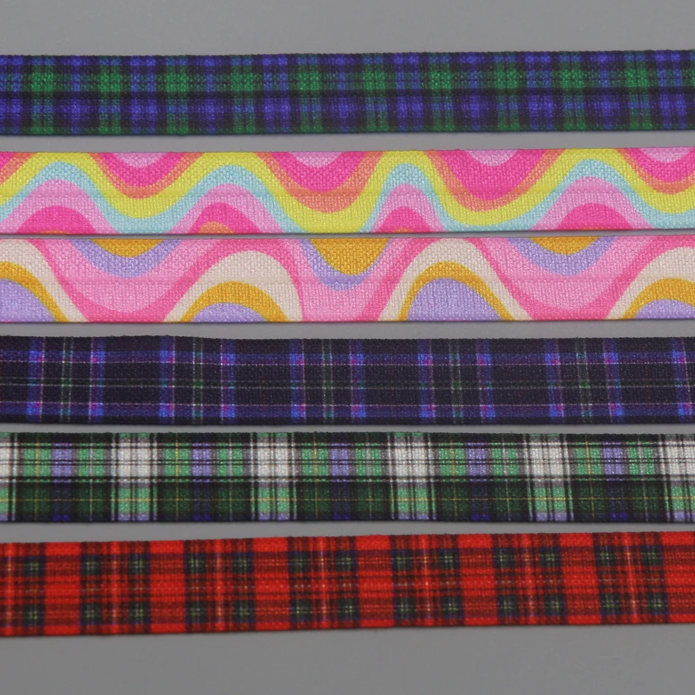 DHK 5/8'' 50yards Grid Plaid Stripe Printed Fold Elastic FOE Stretch Ribbon Accessories Decorations Craft DIY Sewing S2228