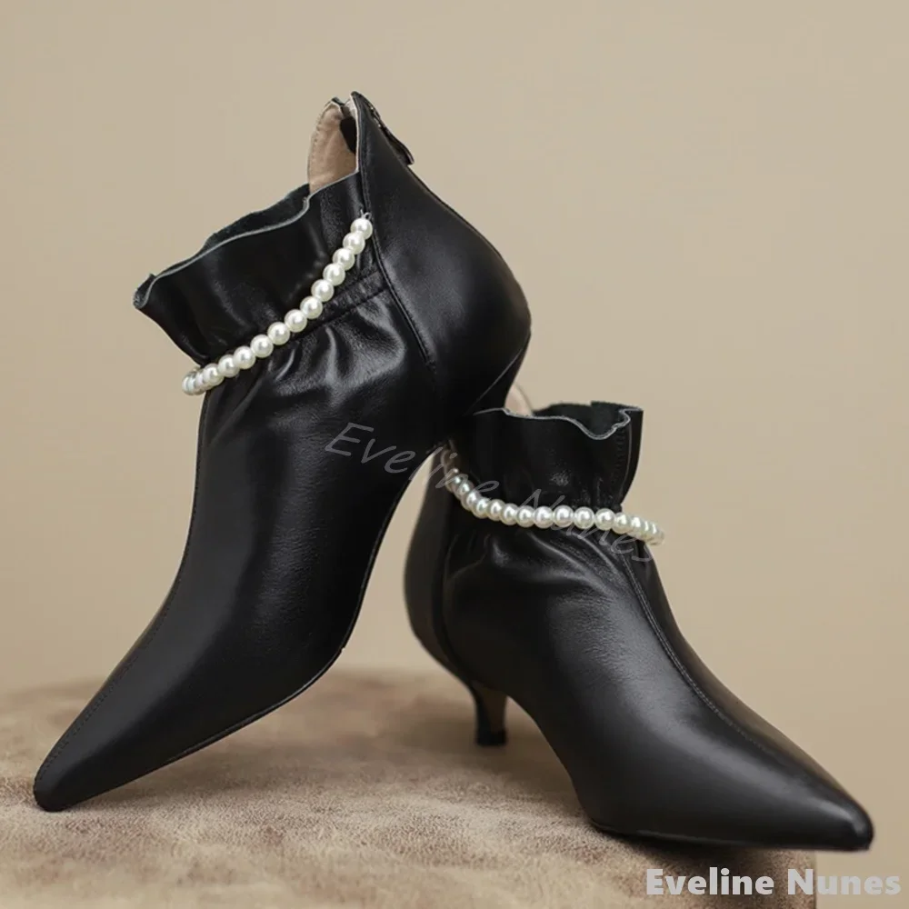 String of Pearls Kitten Heel Ankle Boots Women Pointed Toe Solid Leather Back Zipper Short Boots 2024 New Fashion Simple Boots